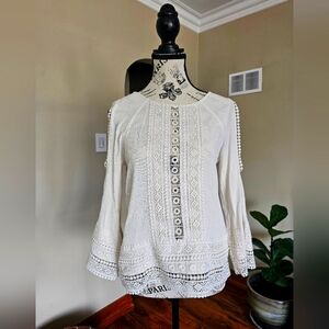 White Boho Cold Shoulder Top With crochet detail.  Size 6.